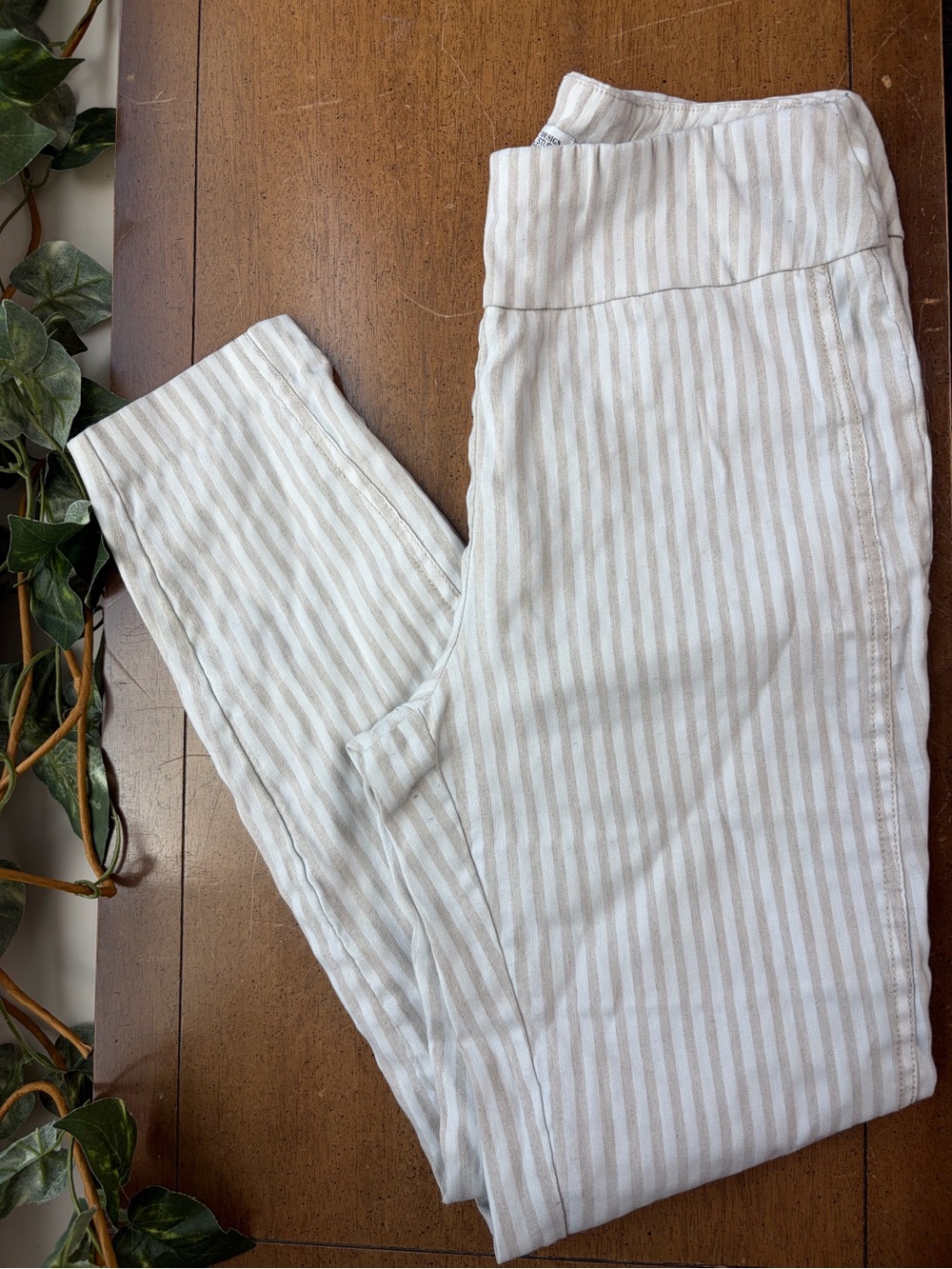 7th Avenue Design Studio Linen Blend Pants Striped Neutral High Waisted